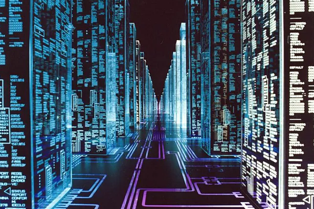 A depiction of cyberspace with glowing towers of data.