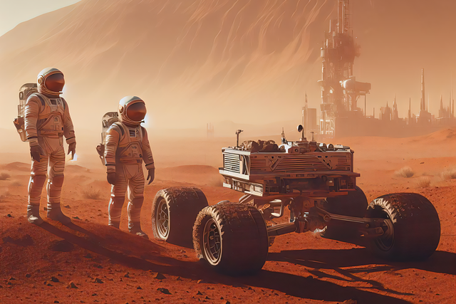 Astronauts and a rover on the surface of Mars.